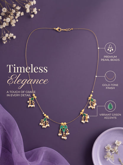 Gold-Plated Green Stone & Pearl Wire Necklace for Women and Girls