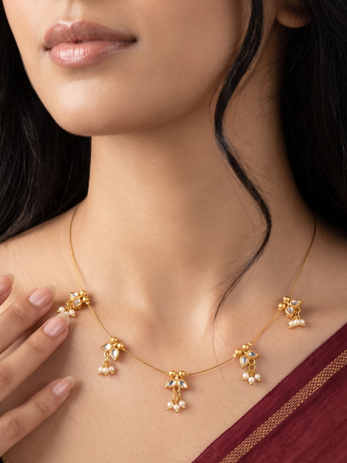 Gold-Plated Kundan & Pearl Wire Necklace for Women and Girls