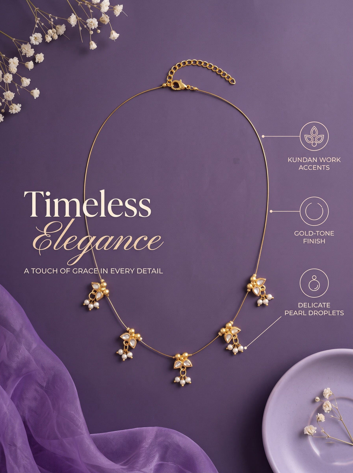 Gold-Plated Kundan & Pearl Wire Necklace for Women and Girls