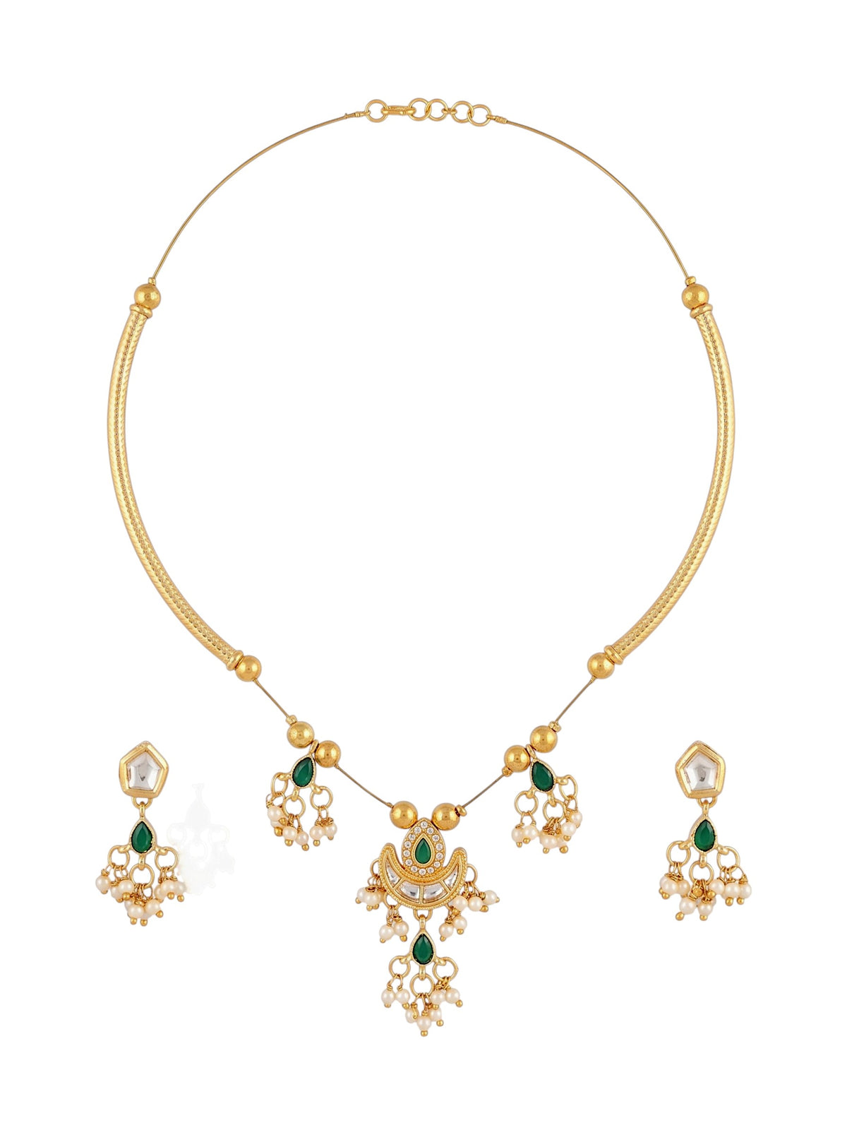 Gold-Plated Green Kundan & Pearl Hasli Necklace Set for Women