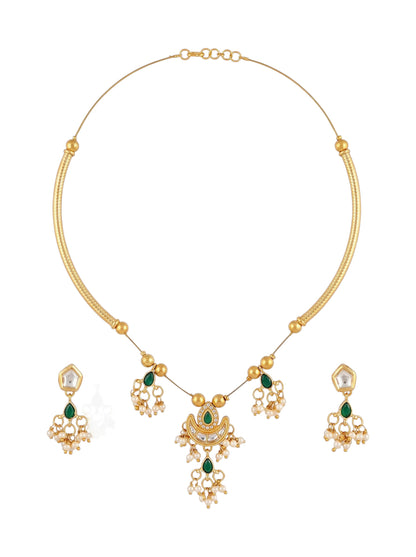 Gold-Plated Green Kundan & Pearl Hasli Necklace Set for Women