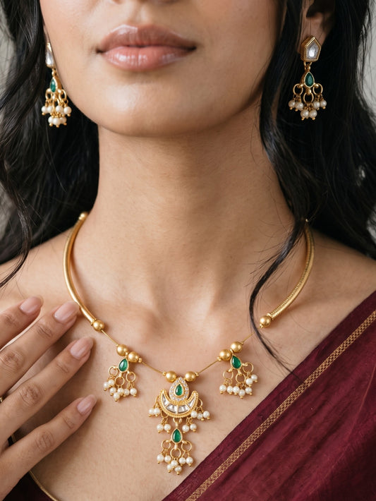 Gold-Plated Green Kundan & Pearl Hasli Necklace Set for Women