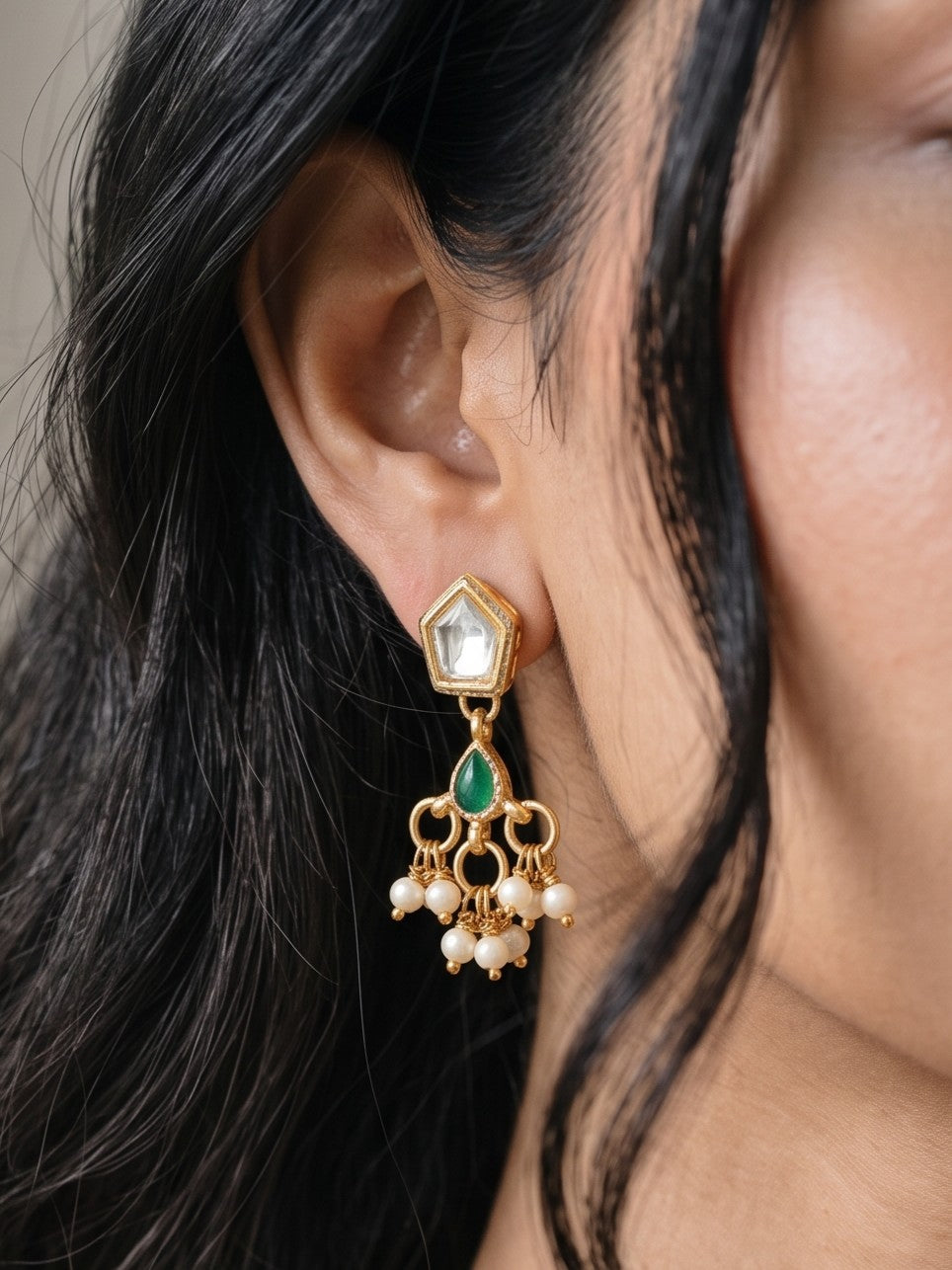 Gold-Plated Green Kundan & Pearl Hasli Necklace Set for Women