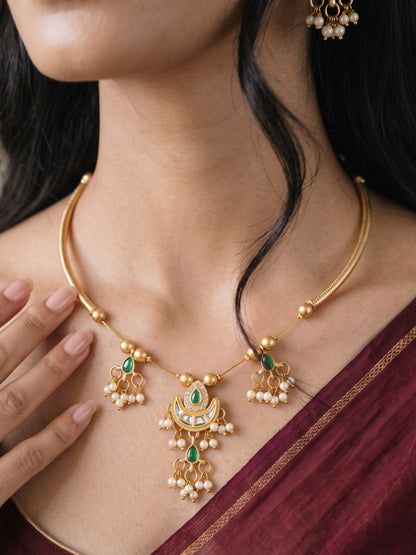 Gold-Plated Green Kundan & Pearl Hasli Necklace Set for Women