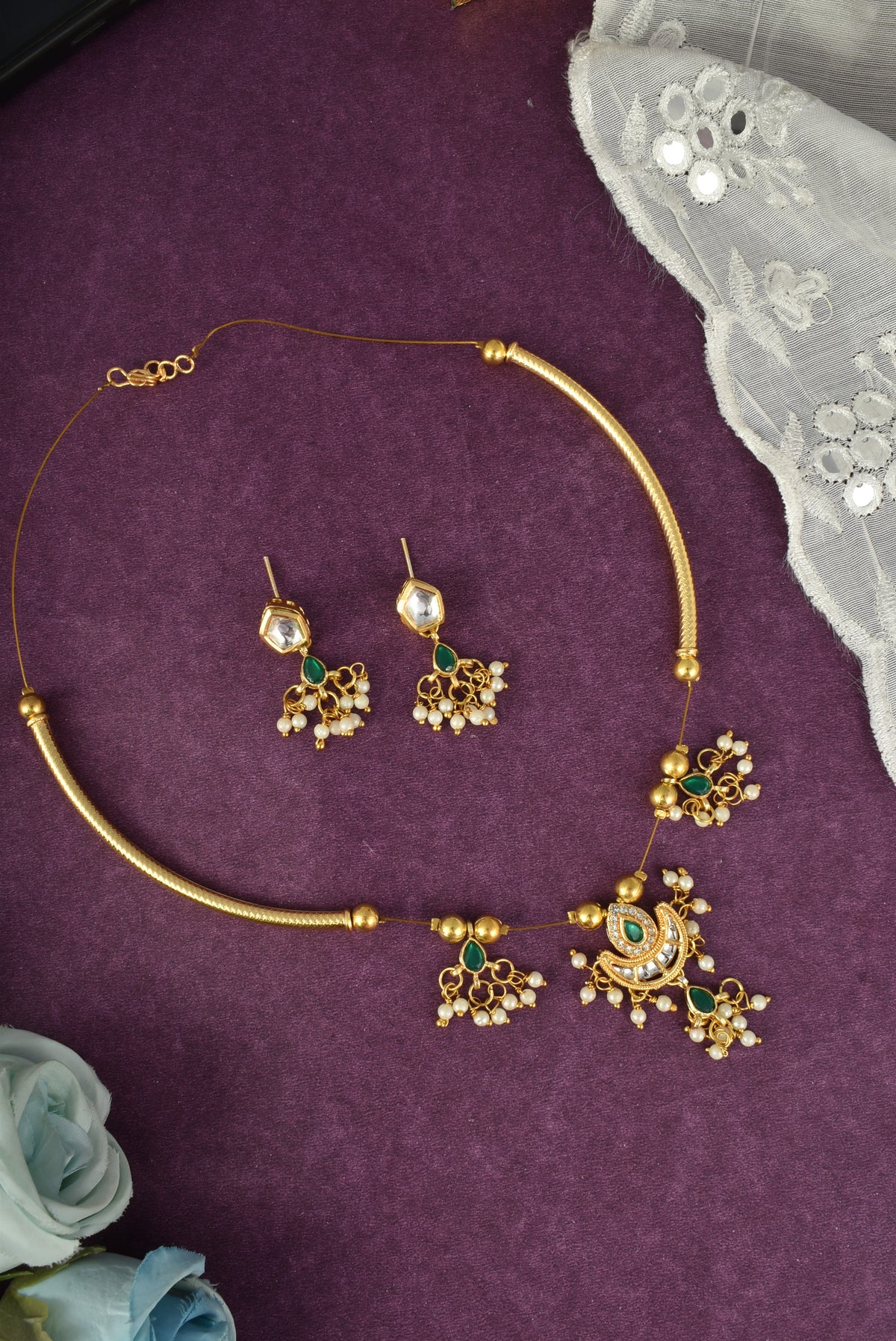 Gold-Plated Green Kundan & Pearl Hasli Necklace Set for Women