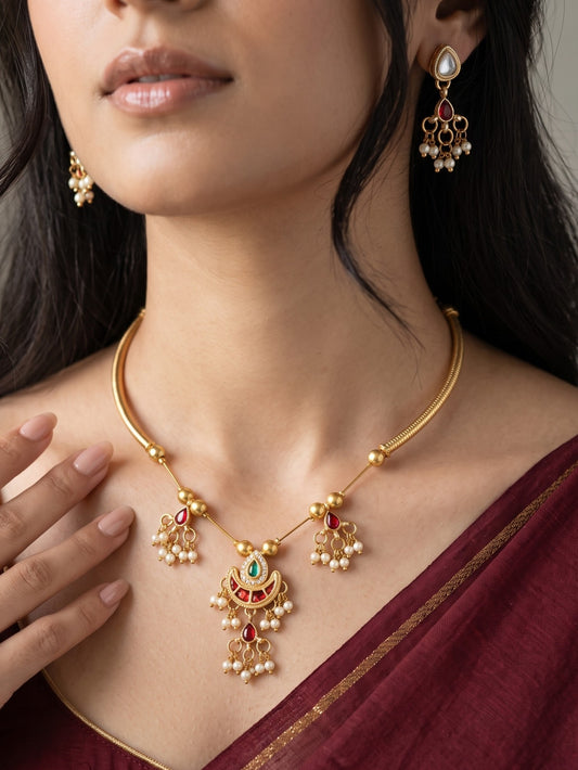 Gold-Plated Red Kundan & Pearl Hasli Necklace Set for Women