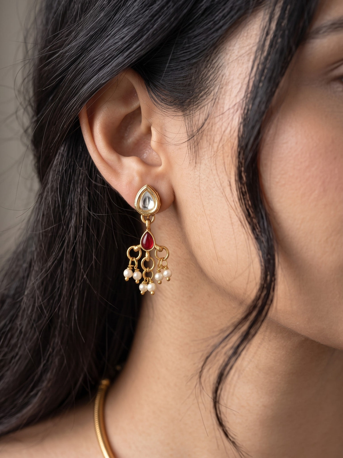 Gold-Plated Red Kundan & Pearl Hasli Necklace Set for Women