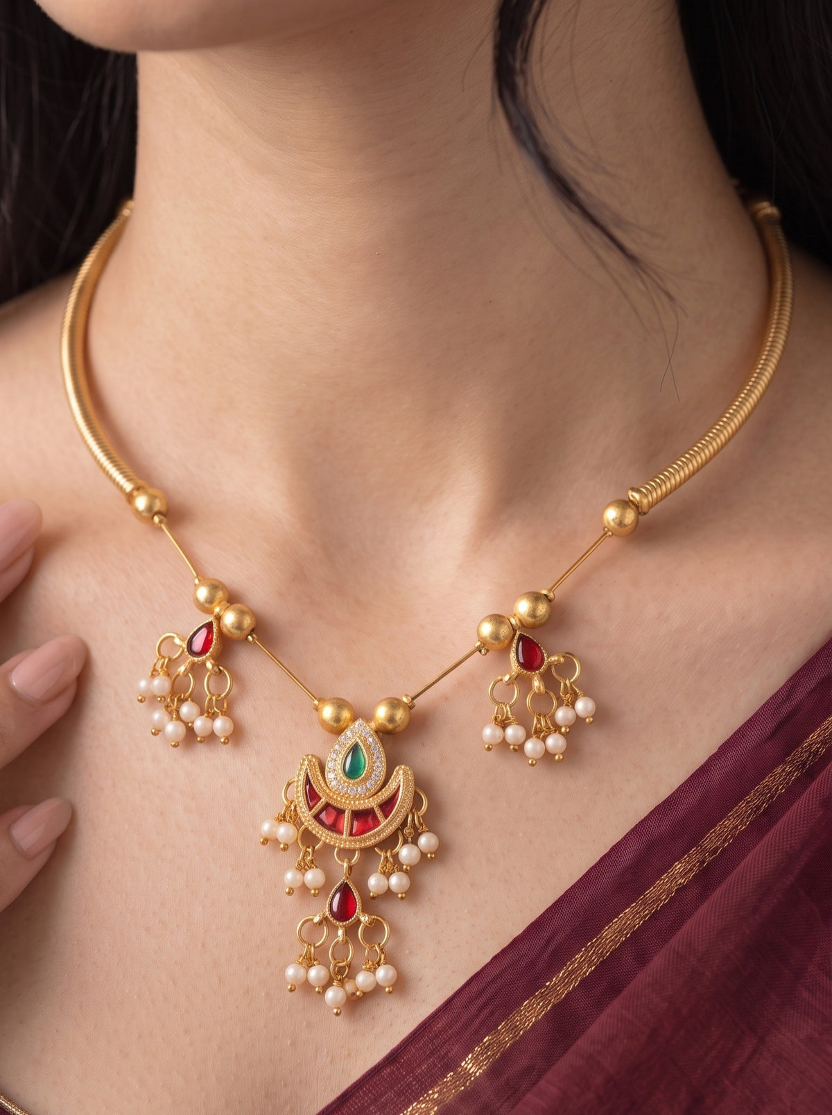 Gold-Plated Red Kundan & Pearl Hasli Necklace Set for Women