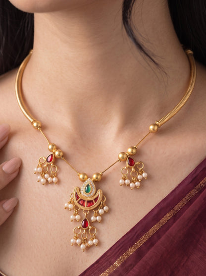 Gold-Plated Red Kundan & Pearl Hasli Necklace Set for Women