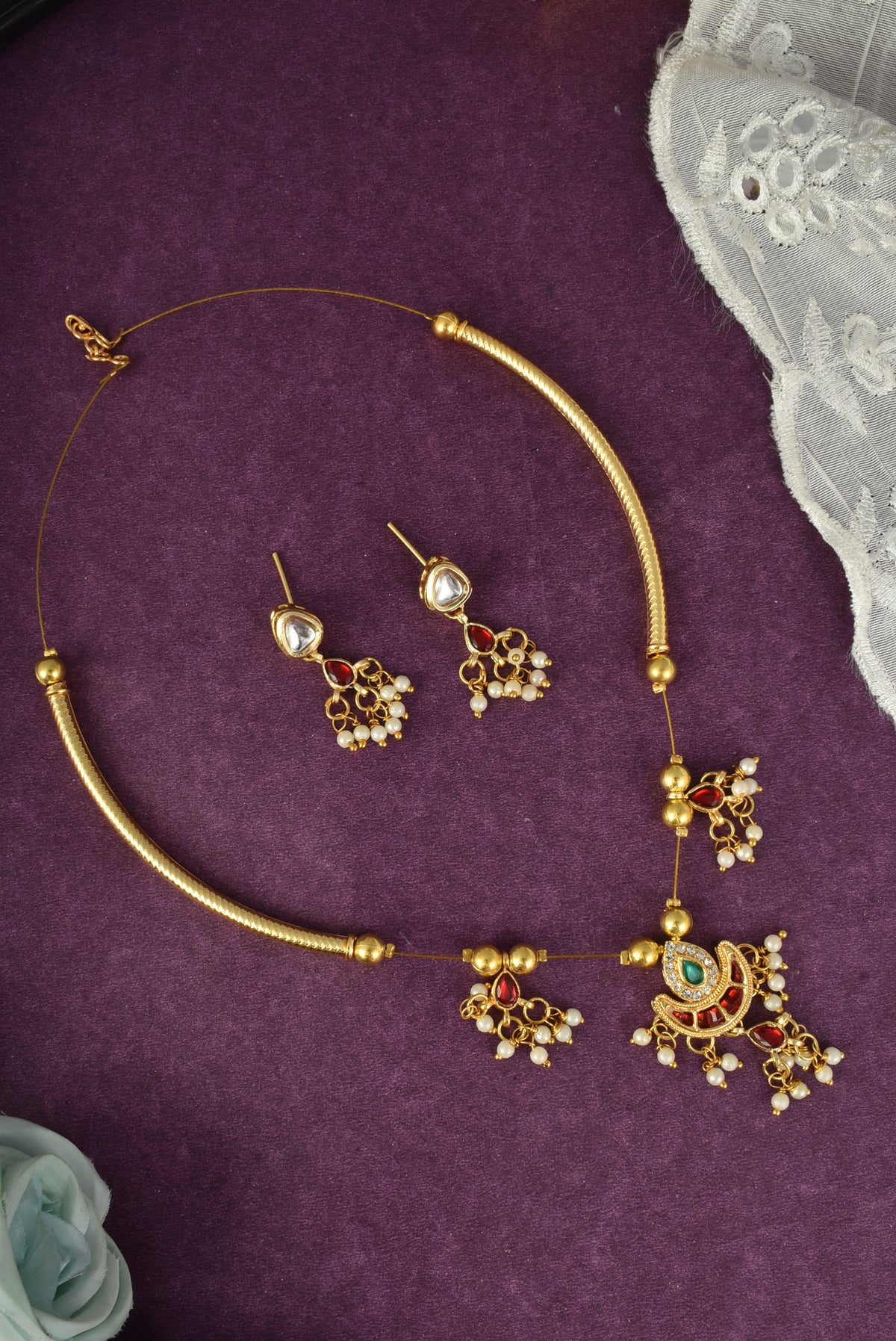 Gold-Plated Red Kundan & Pearl Hasli Necklace Set for Women