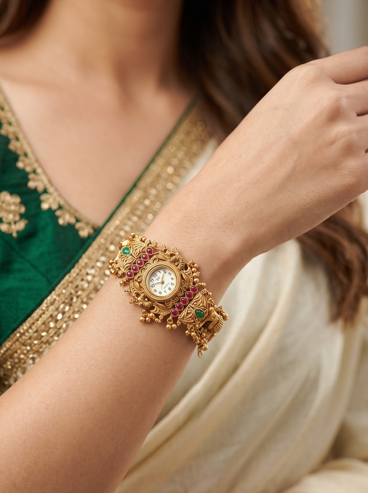 Stylish Gold Plated Ethnic Kundan Kashmiri Watch for Women and Girls
