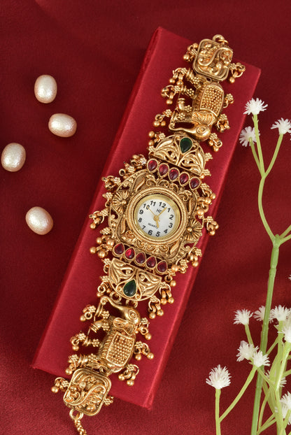 Stylish Gold Plated Ethnic Kundan Kashmiri Watch for Women and Girls