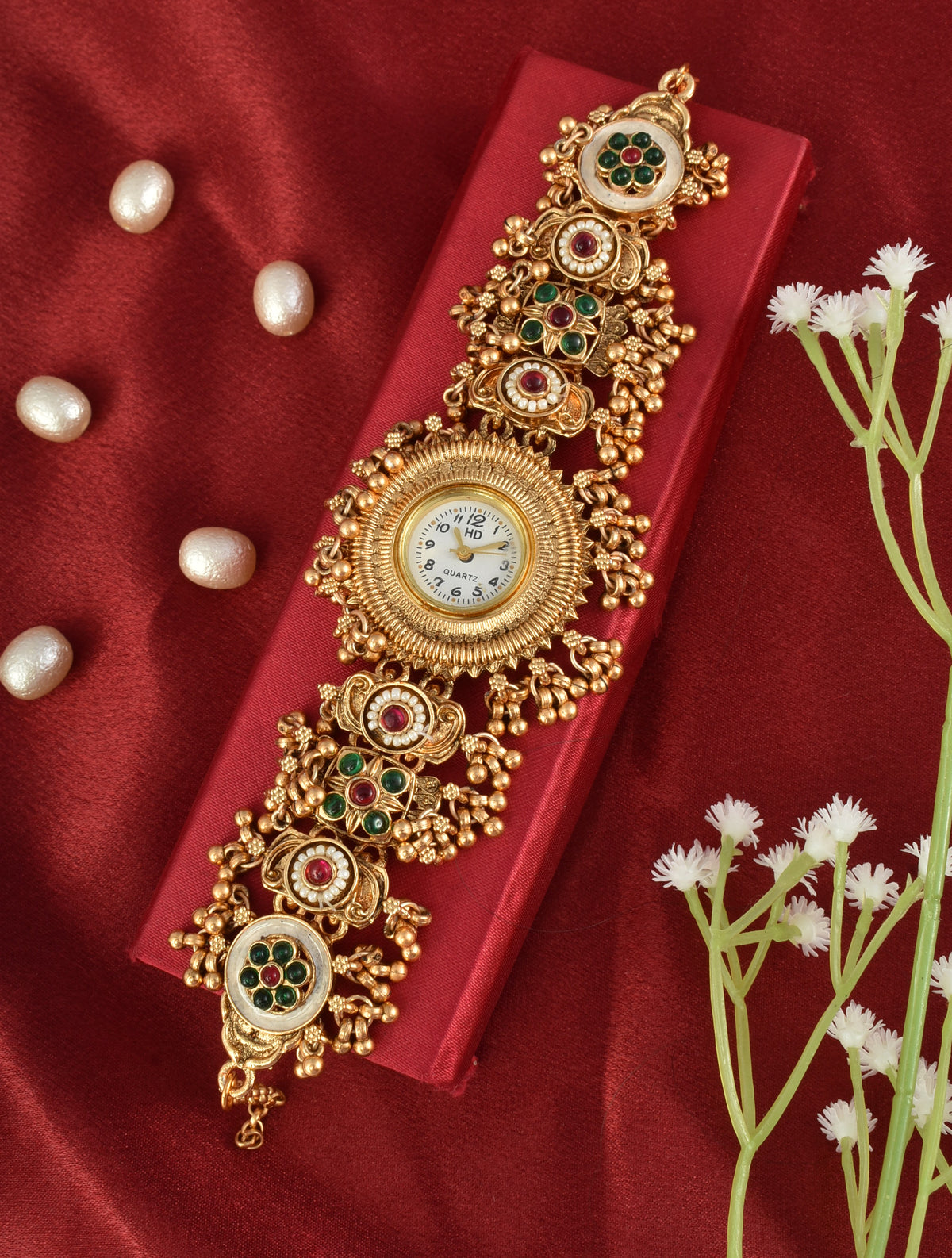 Stylish Gold Plated Ethnic Kundan Kashmiri Watch for Women and Girls