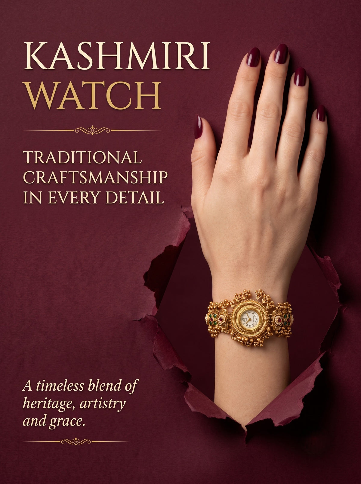 Stylish Gold Plated Ethnic Kundan Kashmiri Watch for Women and Girls