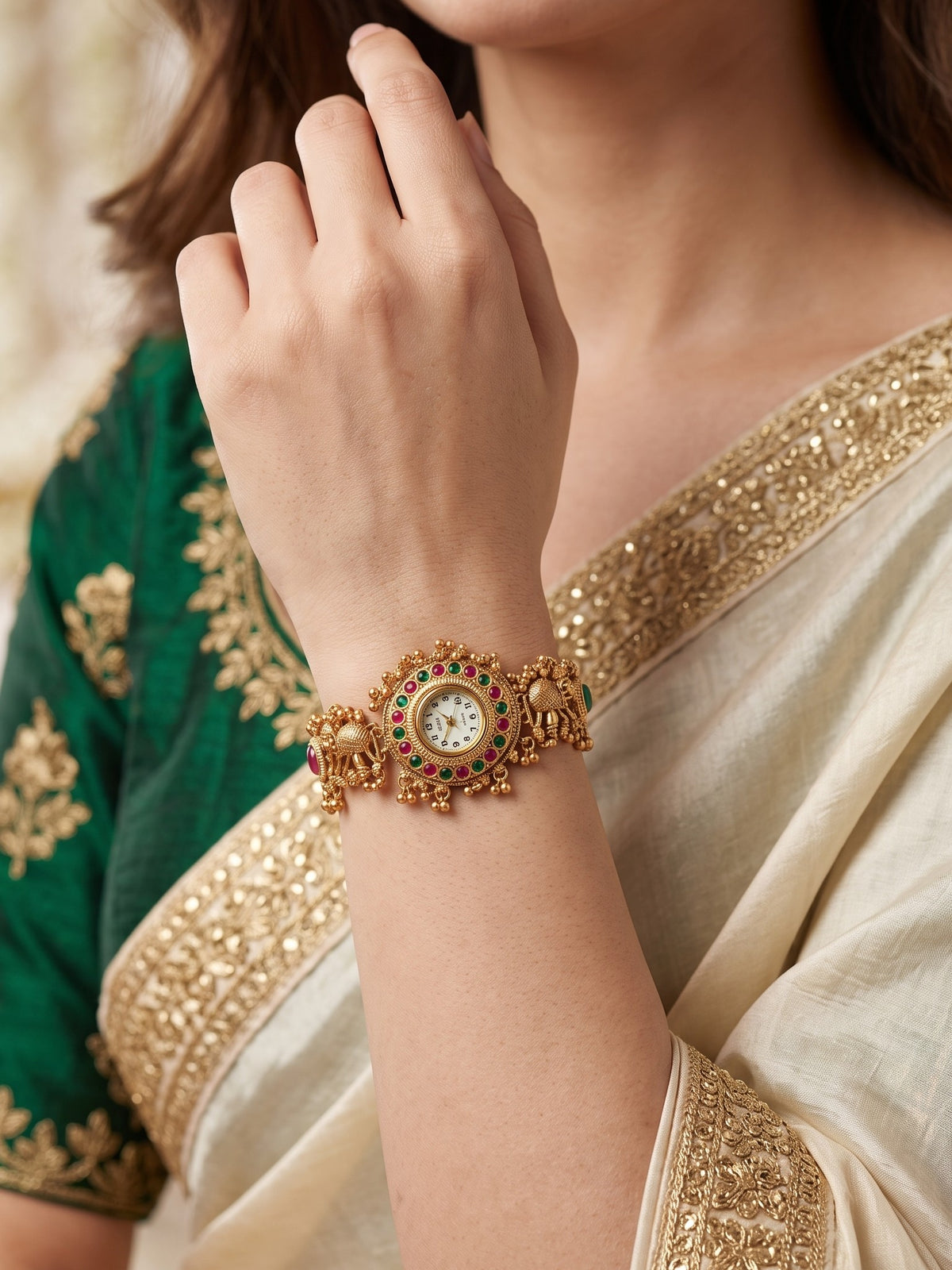 Stylish Gold Plated Ethnic Kundan Kashmiri Watch for Women and Girls