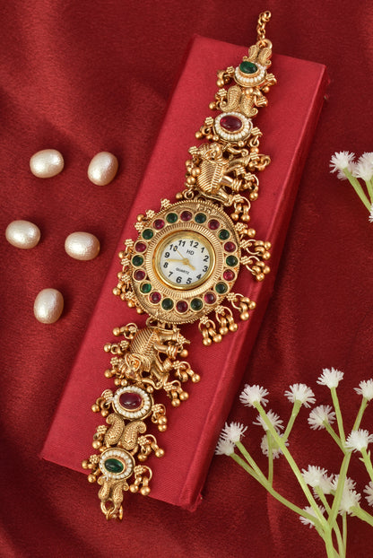 Stylish Gold Plated Ethnic Kundan Kashmiri Watch for Women and Girls