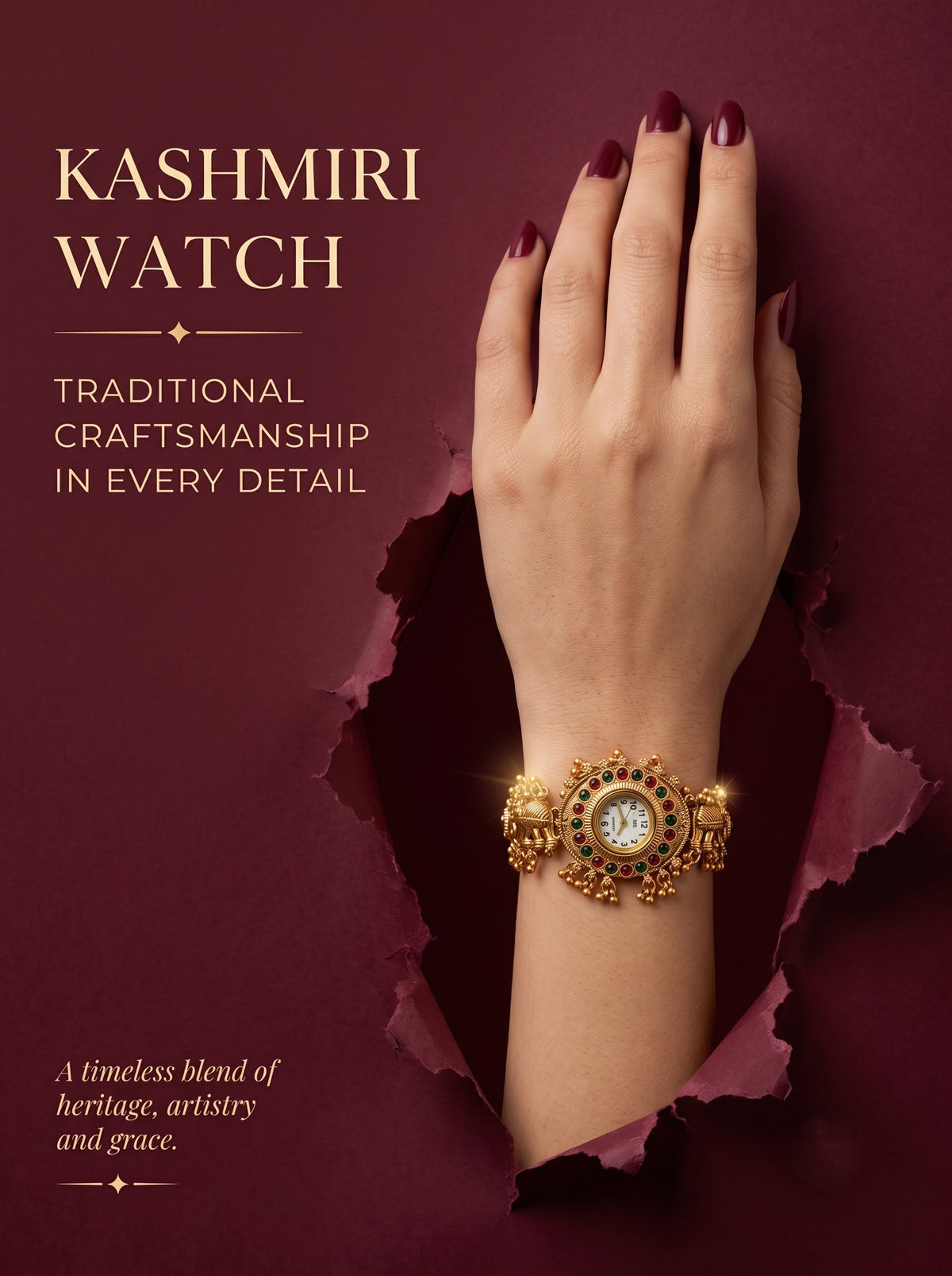 Stylish Gold Plated Ethnic Kundan Kashmiri Watch for Women and Girls