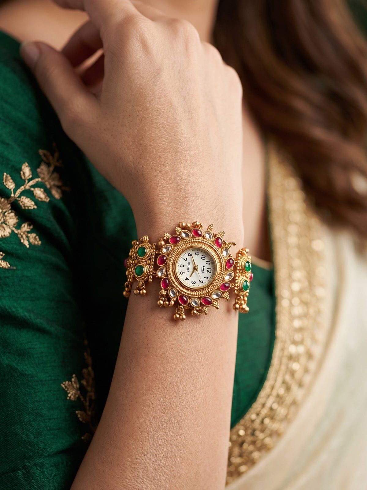 Stylish Gold Plated Ethnic Kundan Kashmiri Watch for Women and Girls