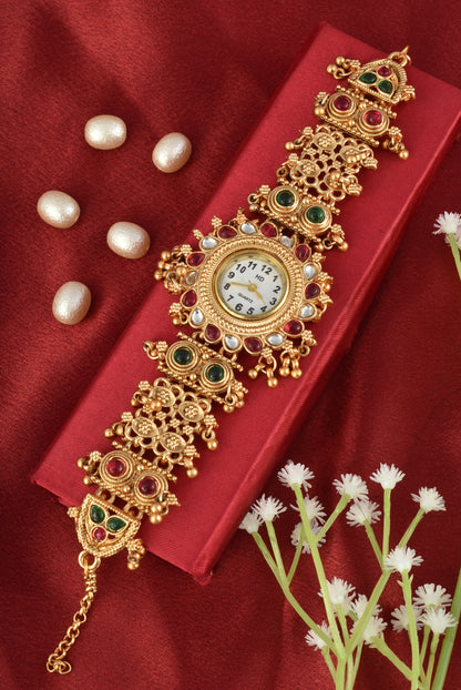 Stylish Gold Plated Ethnic Kundan Kashmiri Watch for Women and Girls