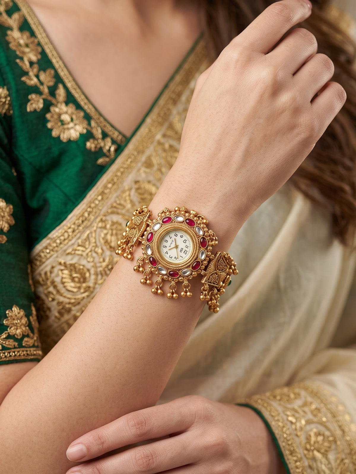 Stylish Gold Plated Ethnic Kundan Kashmiri Watch for Women and Girls