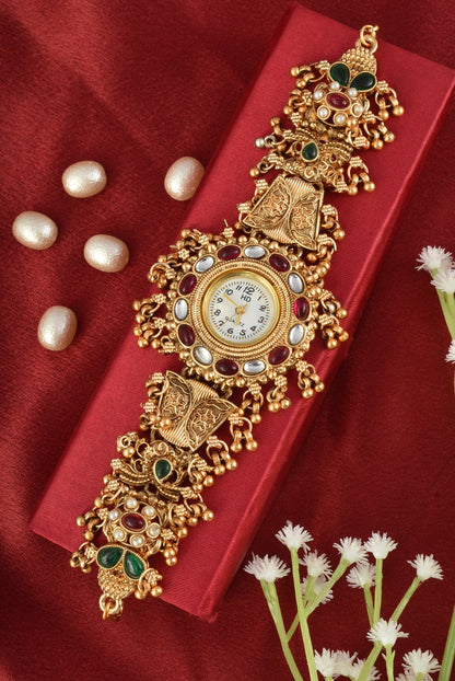 Stylish Gold Plated Ethnic Kundan Kashmiri Watch for Women and Girls