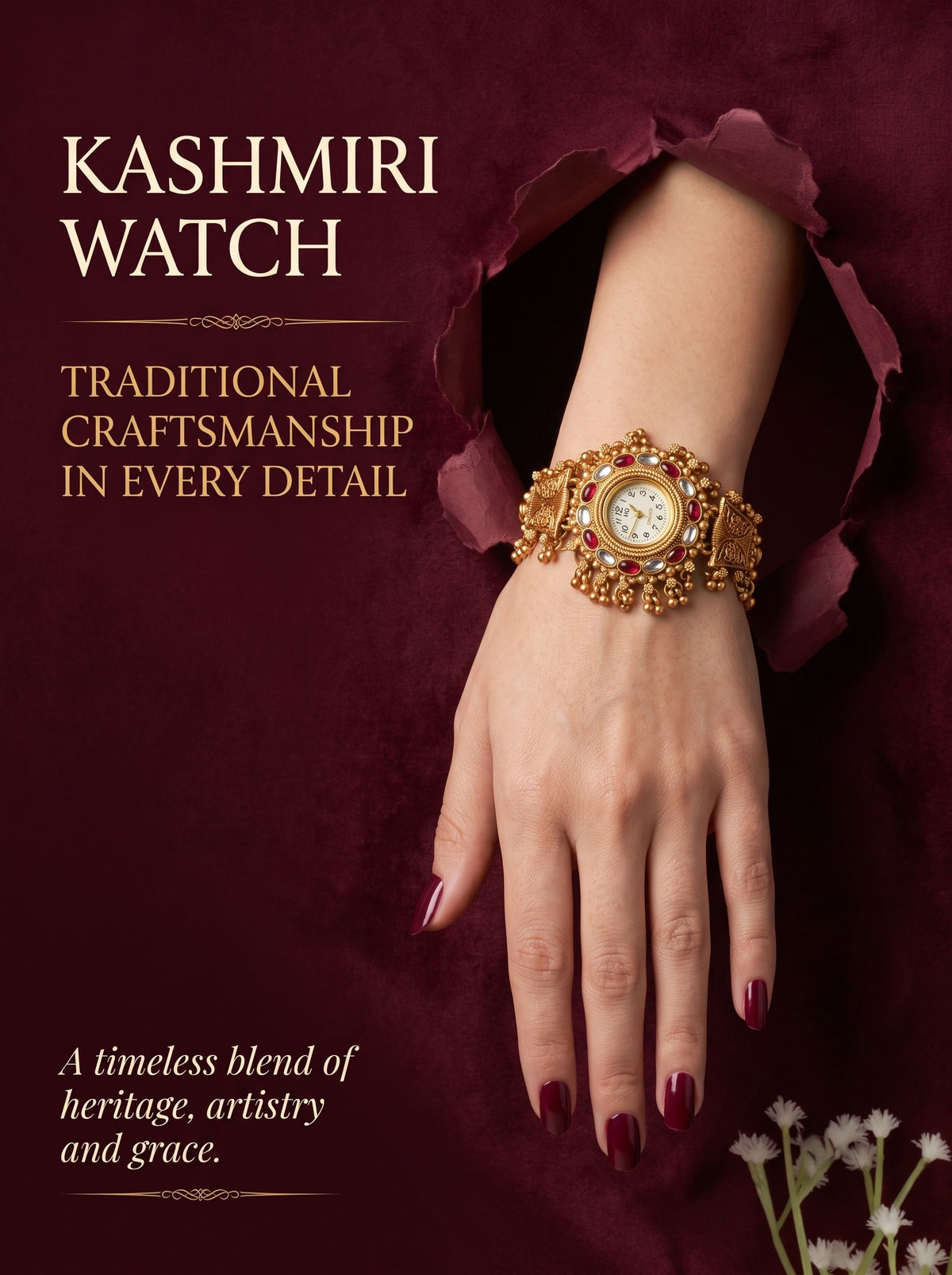 Stylish Gold Plated Ethnic Kundan Kashmiri Watch for Women and Girls