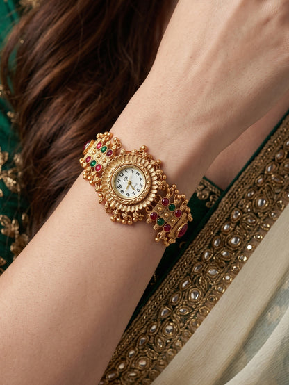 Stylish Gold Plated Ethnic Kundan Kashmiri Watch for Women and Girls