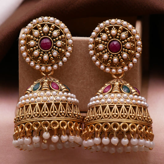 Ethnic Oxidized Jhumka Earrings with Pearl for Girls