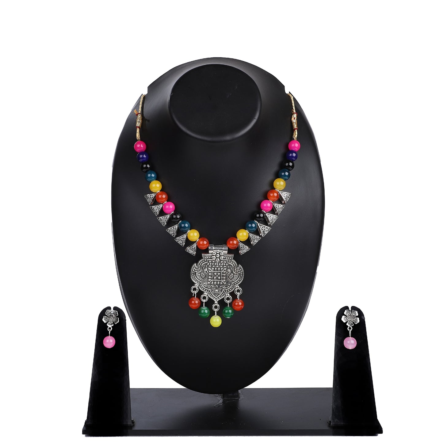 Indian Jewellery from Meira Jewellery:,Meira jewellery silver auxodized necklace with multi color beads for navratri