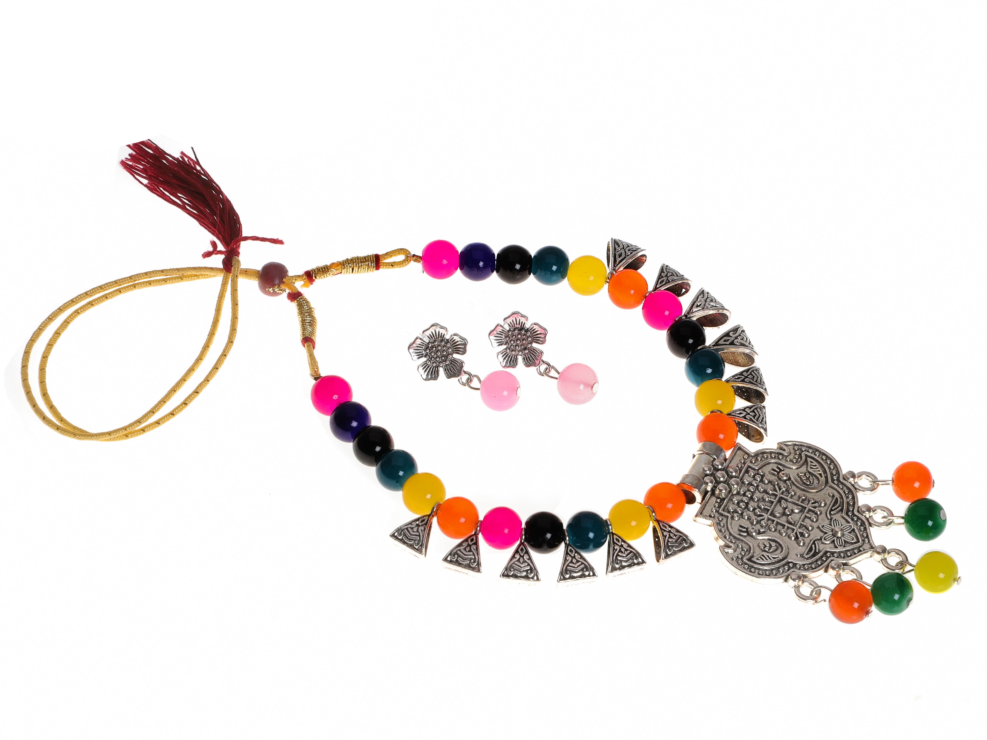 Indian Jewellery from Meira Jewellery:,Meira jewellery silver auxodized necklace with multi color beads for navratri