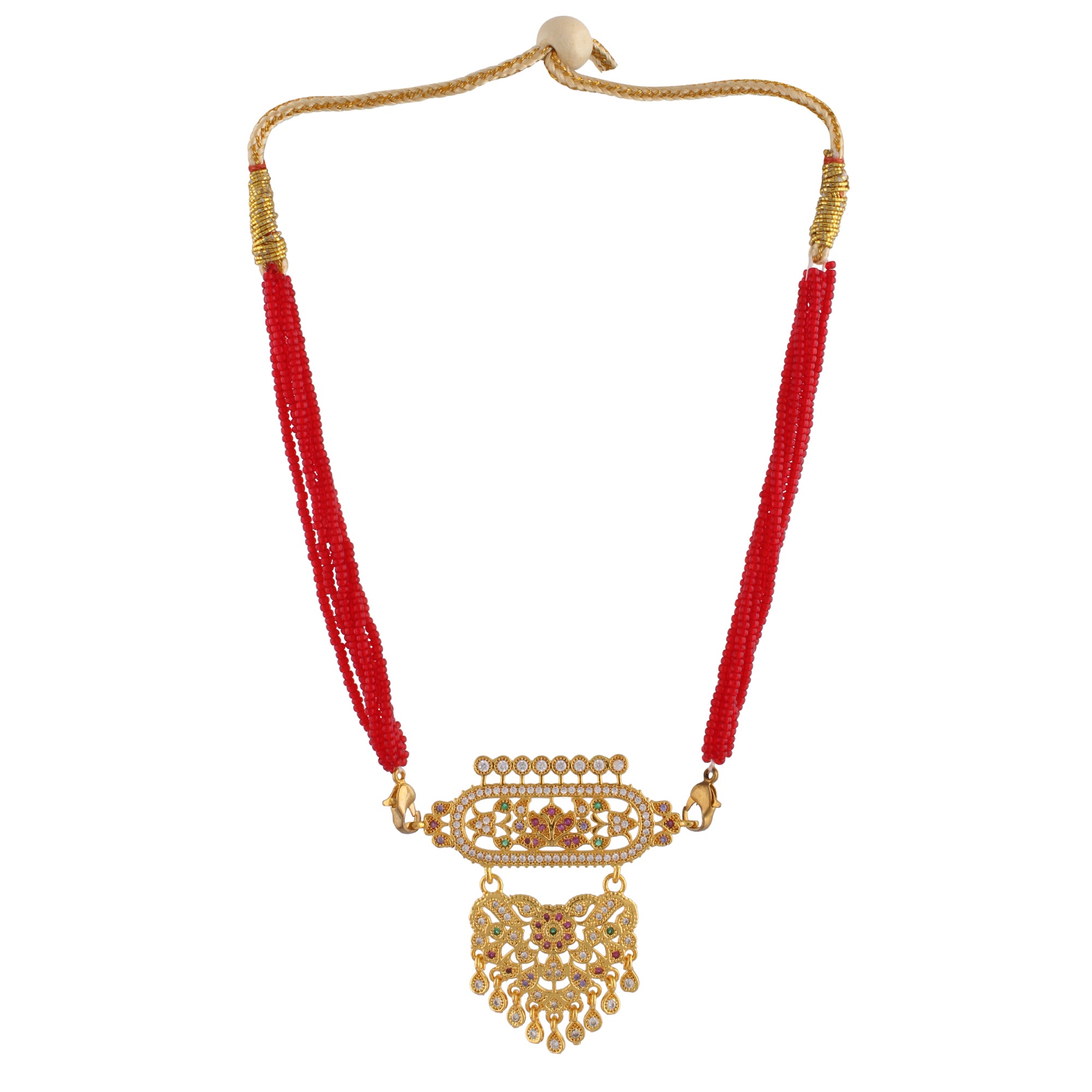 Indian Jewellery from Meira Jewellery:Rajasthani Jewellery,Rajasthani Rajputi Golden Micro Aad American Diamond multi strand for Women (Small Size) Red