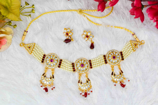 Padmavat style Kundan work Maroon color Rajasthani Choker Set