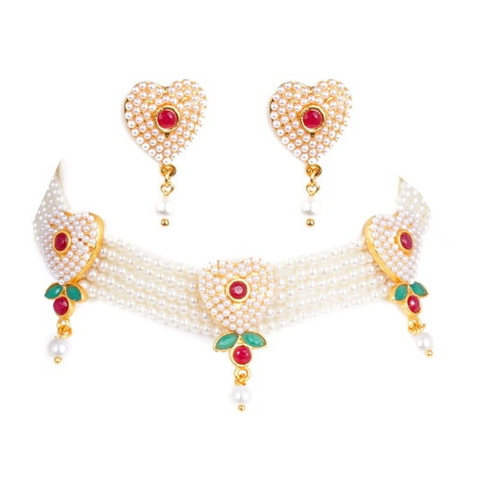 Heart Shape Red Rajputana Moti Choker Set