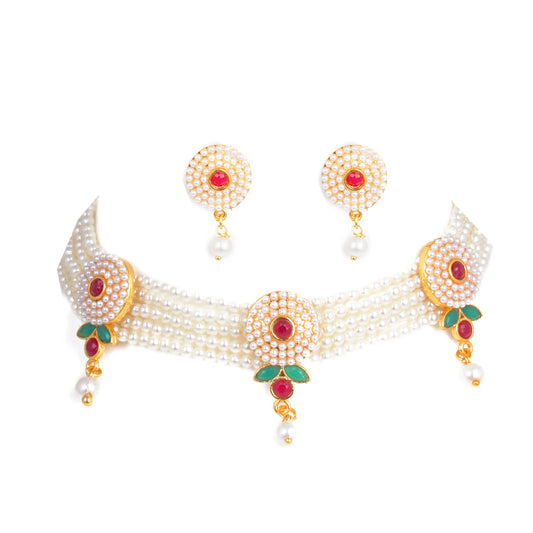 Round Shape Red Rajputana White Moti Choker Set