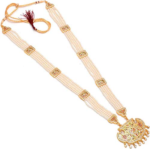 Gold Plated AD Gemstones Jaipuri Traditional Pearl raanihaar Necklace for Women