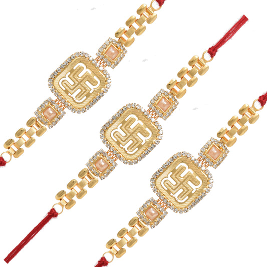 Swastik AD Rakhi (Set of 3) with Roli Chawal and Raksha Bandhan Greeting Card For Men/Boys