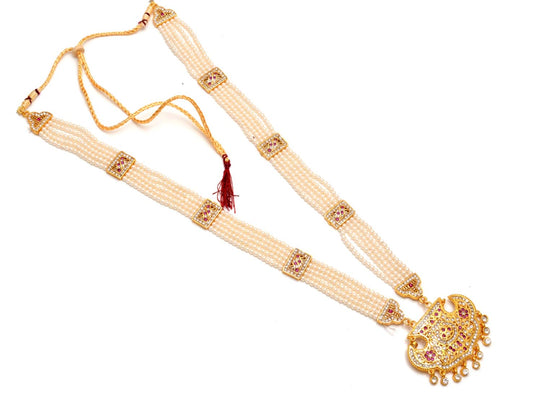 Gold Plated Extraordinary AD Gemstones Jaipuri Traditional Pearl raanihaar Necklace for Women