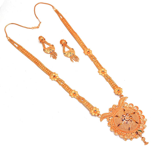 Traditional Long Ethnic Golden geru Polished Necklace Set for Women (Style 4)