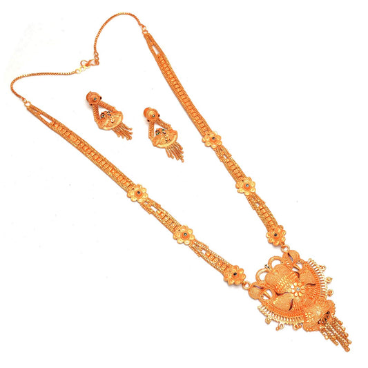 Traditional Long Golden geru Polished Necklace Set for Women