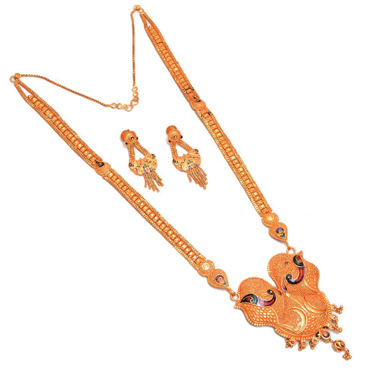 Traditional Long Peacock Style Golden geru Polished Necklace Set for Women (Style 4)