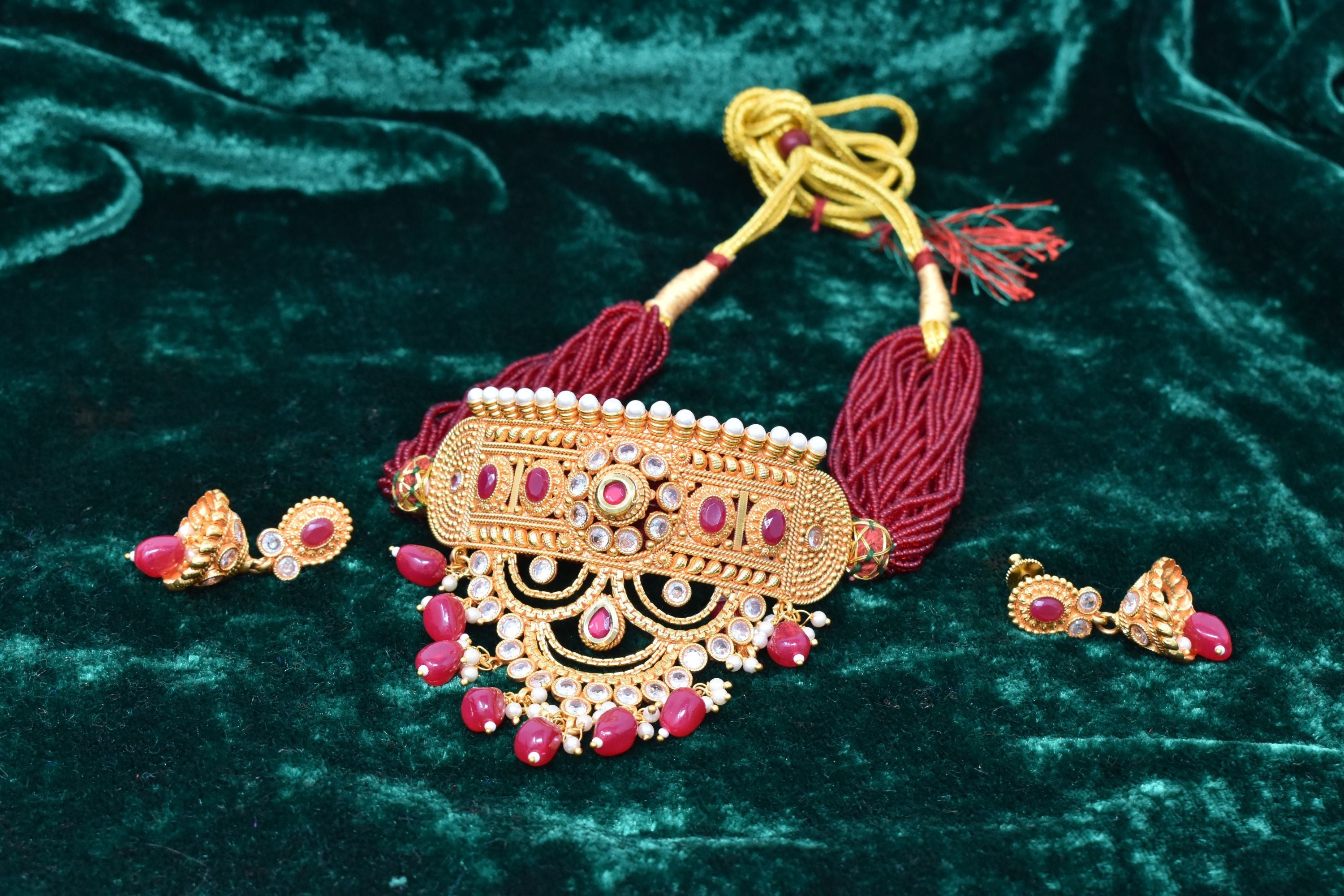 Indian Jewellery from Meira Jewellery:Rajasthani Jewellery,Gold Plated Moon Shape Rajputi Aad with Maroon Beads and Pearls