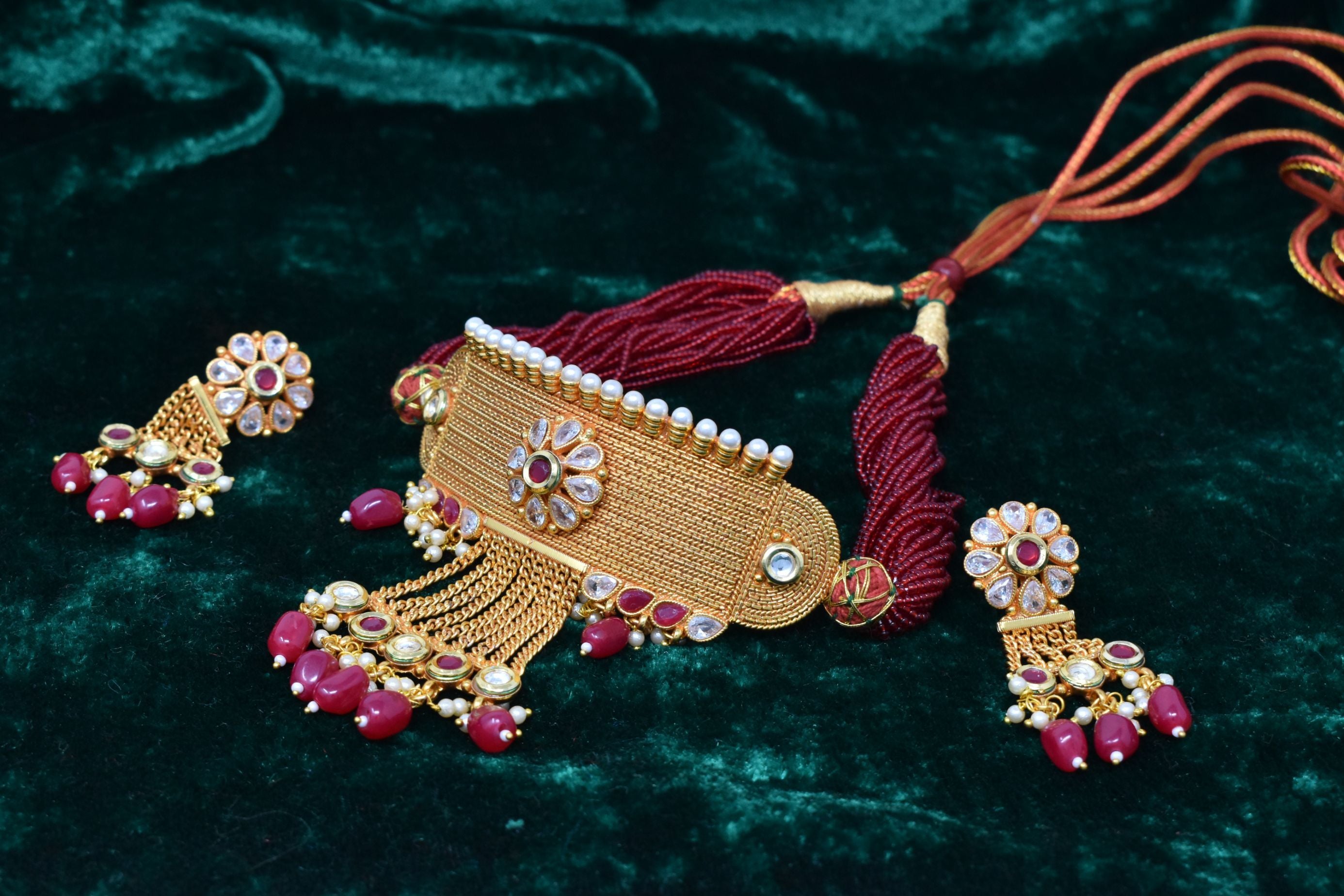 Indian Jewellery from Meira Jewellery:Rajasthani Jewellery,Designer Premium Quality Gold Plated Rajasthani  Multy String Maroon Choker