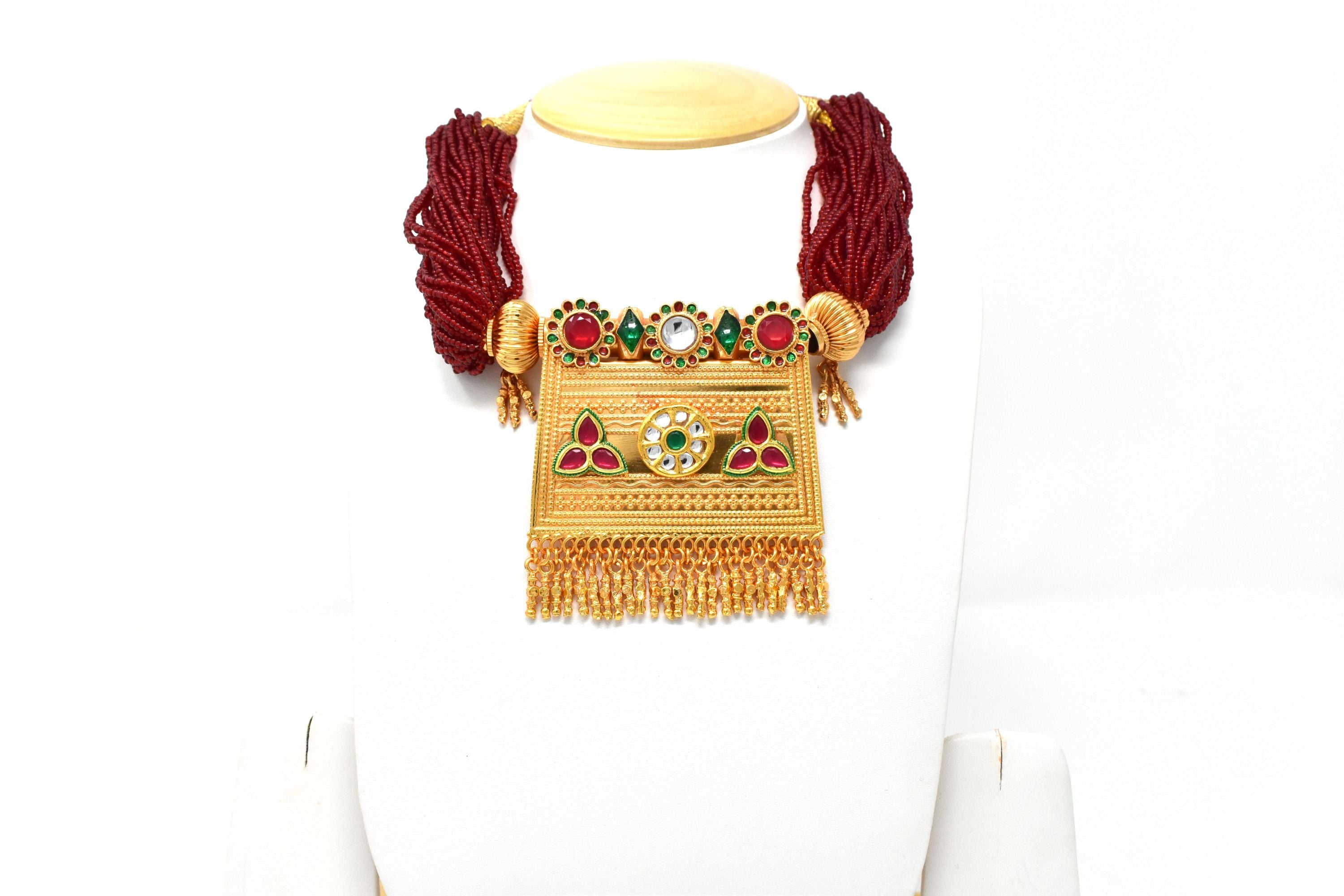 Designer Gold Plated  Kundan Work  Maroon Rajputi Timaniya