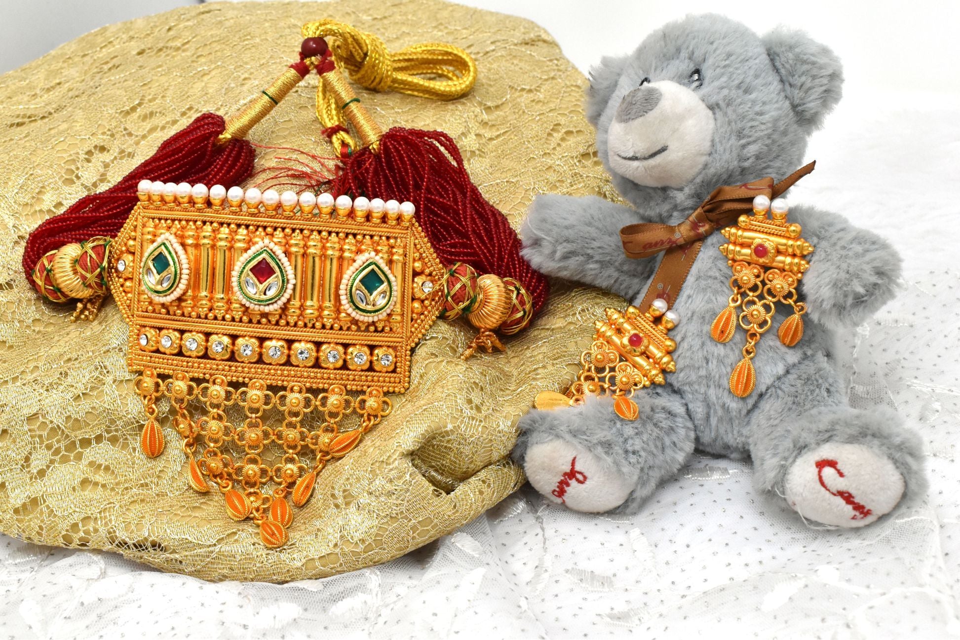 Indian Jewellery from Meira Jewellery:Rajasthani Jewellery,Traditional Folk  Premium Design Gold Plated Rajputi Timaniya Beaded with White Stones and Kundan