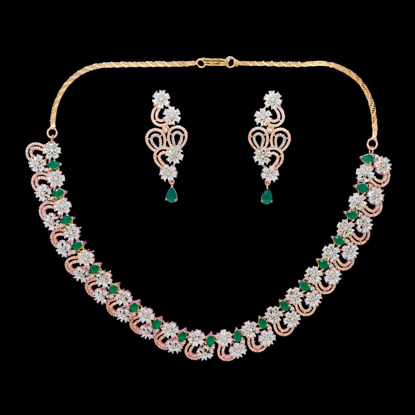 American Diamond embedded Rose Gold plated party wear Set for Women  (Green)