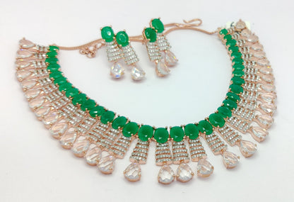 American Diamond embedded Rose Gold plated party wear Set for Women  (Green)