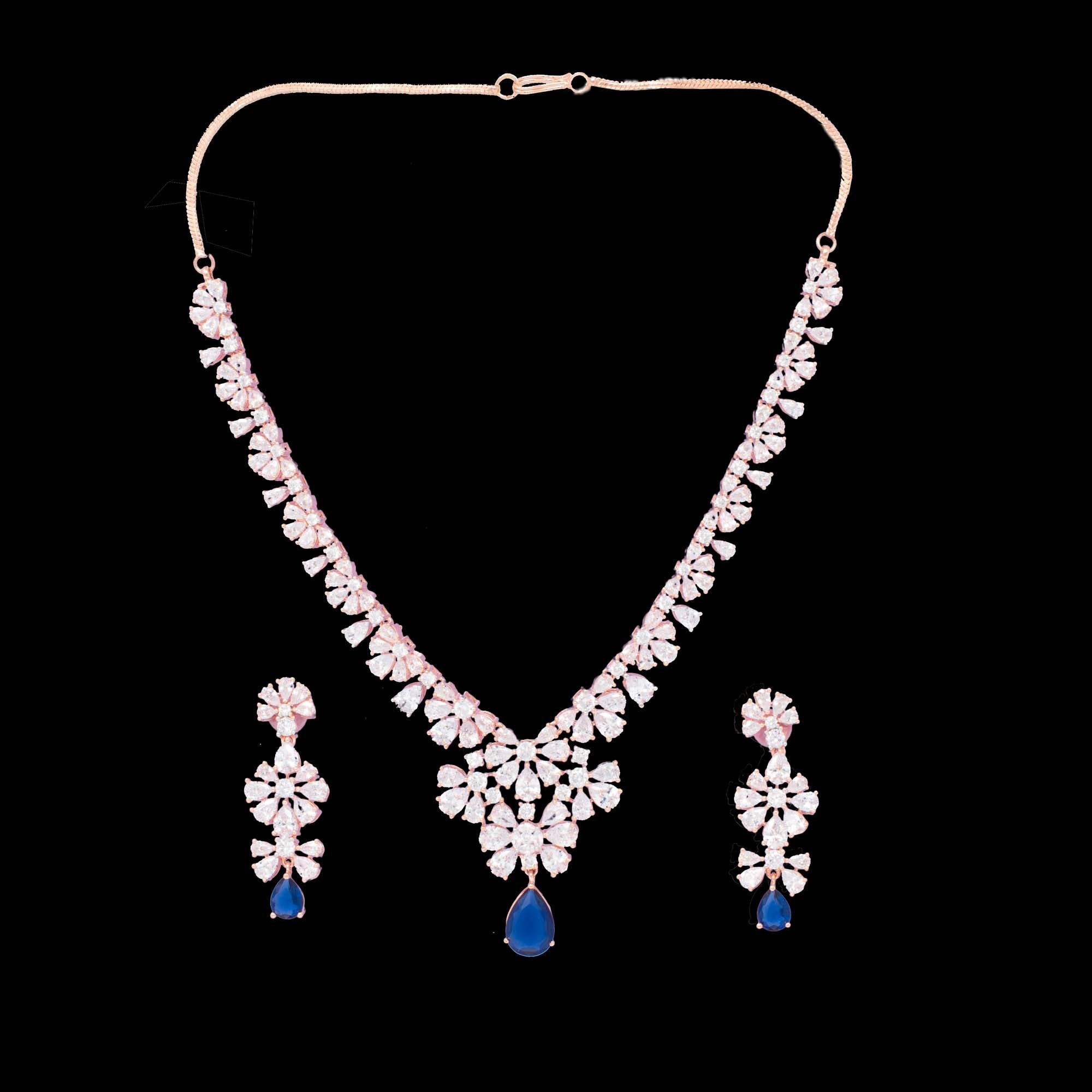 American Diamond embedded Rose Gold plated party wear Set for Women  (Blue)