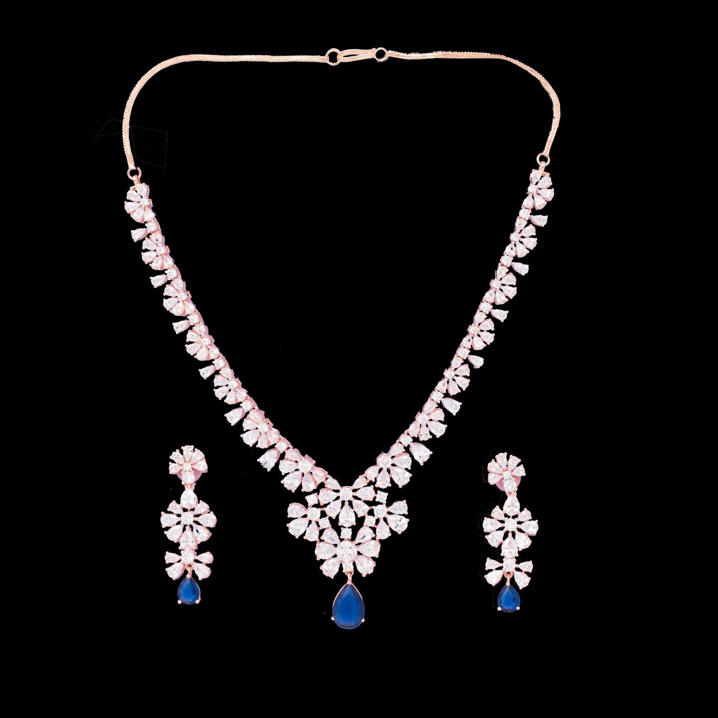 American Diamond embedded Rose Gold plated party wear Set for Women  (Blue)