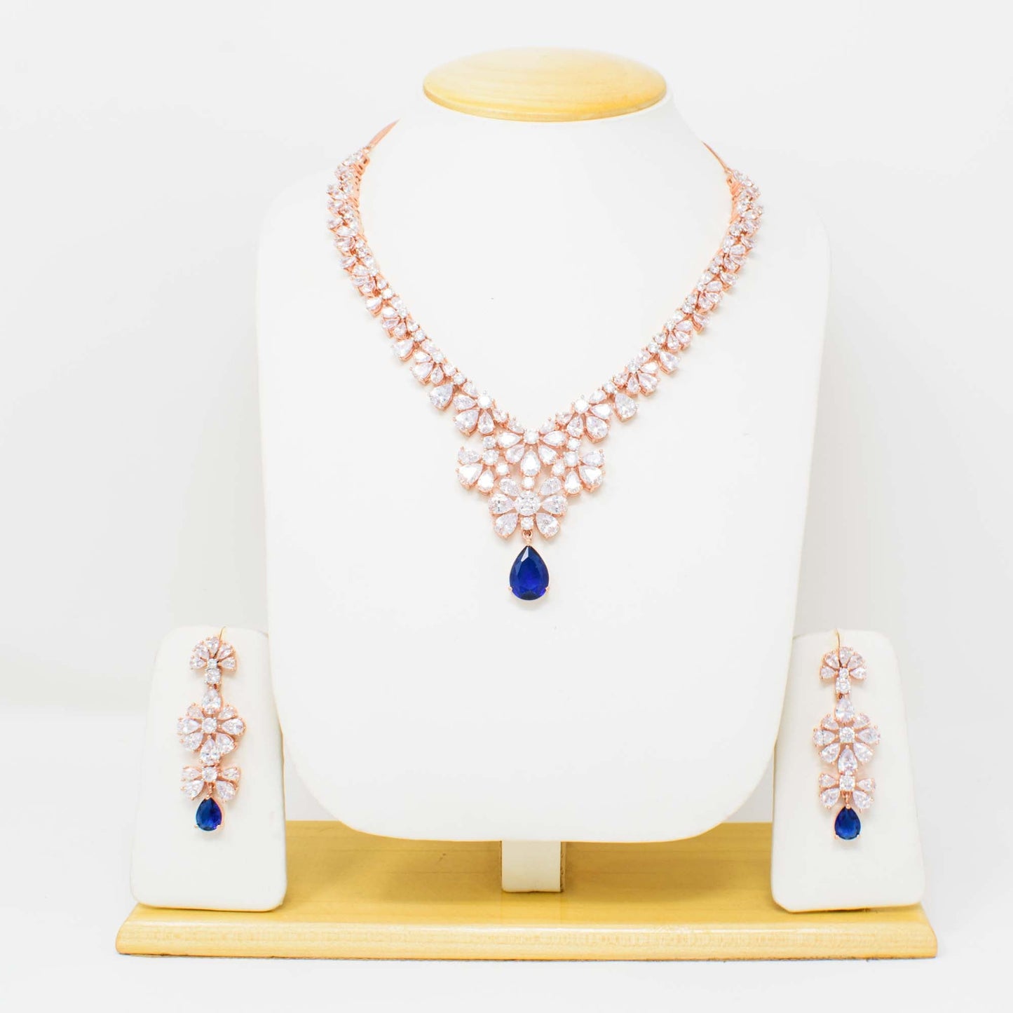 American Diamond embedded Rose Gold plated party wear Set for Women  (Blue)