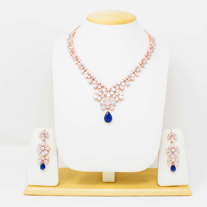 American Diamond embedded Rose Gold plated party wear Set for Women  (Blue)